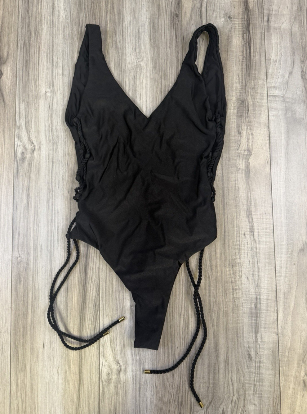 Rio de Sol Zoe Shimmer Black One Piece Swimsuit High Cut Womens Medium NEW